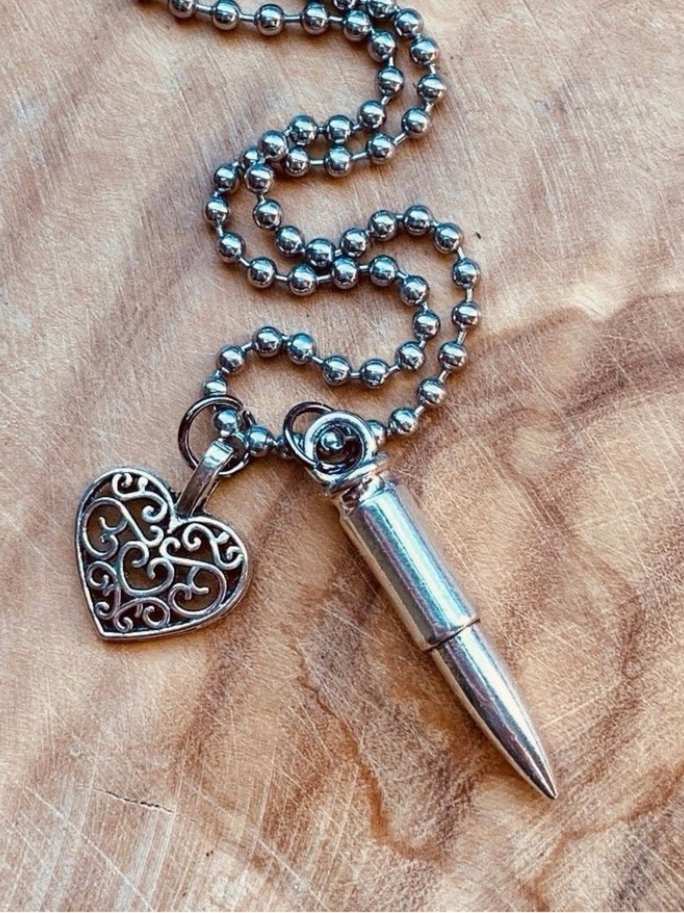Silver Bullet Pendant Necklace with Filigree Heart Charm